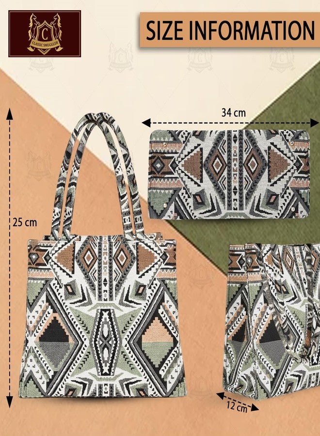 Global Impex Stylish Buoy Tote Bag for Girls & Women | Sturdy Cotton Blend Jacquard | Double Shoulder Ladies Handbag Purse For Daily & Office,Travel Use | Zip Pocket | Handcrafted - Image 2